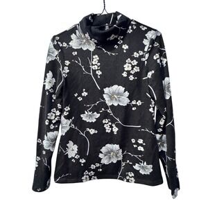 JL Women's Black Floral Print Turtleneck Long Sleeve Top M/M